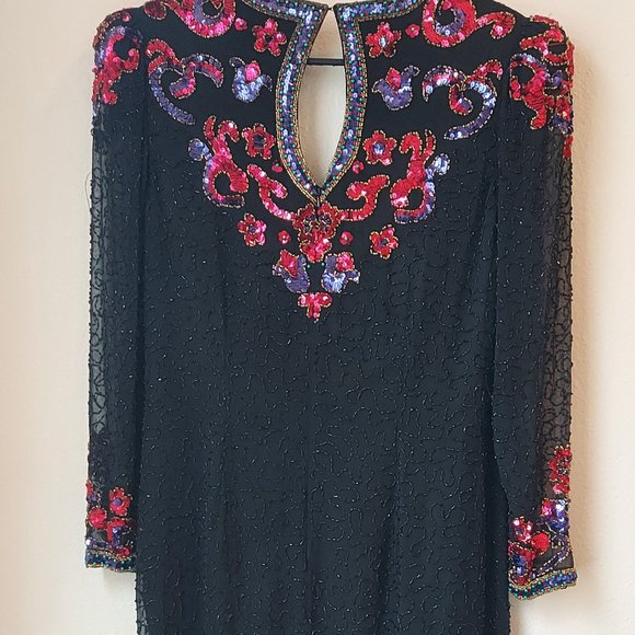 Unbelievable Vintage 80s Morgan Taylor Evening Ware Sequins and Beaded Silk Mini - Picture 4 of 10